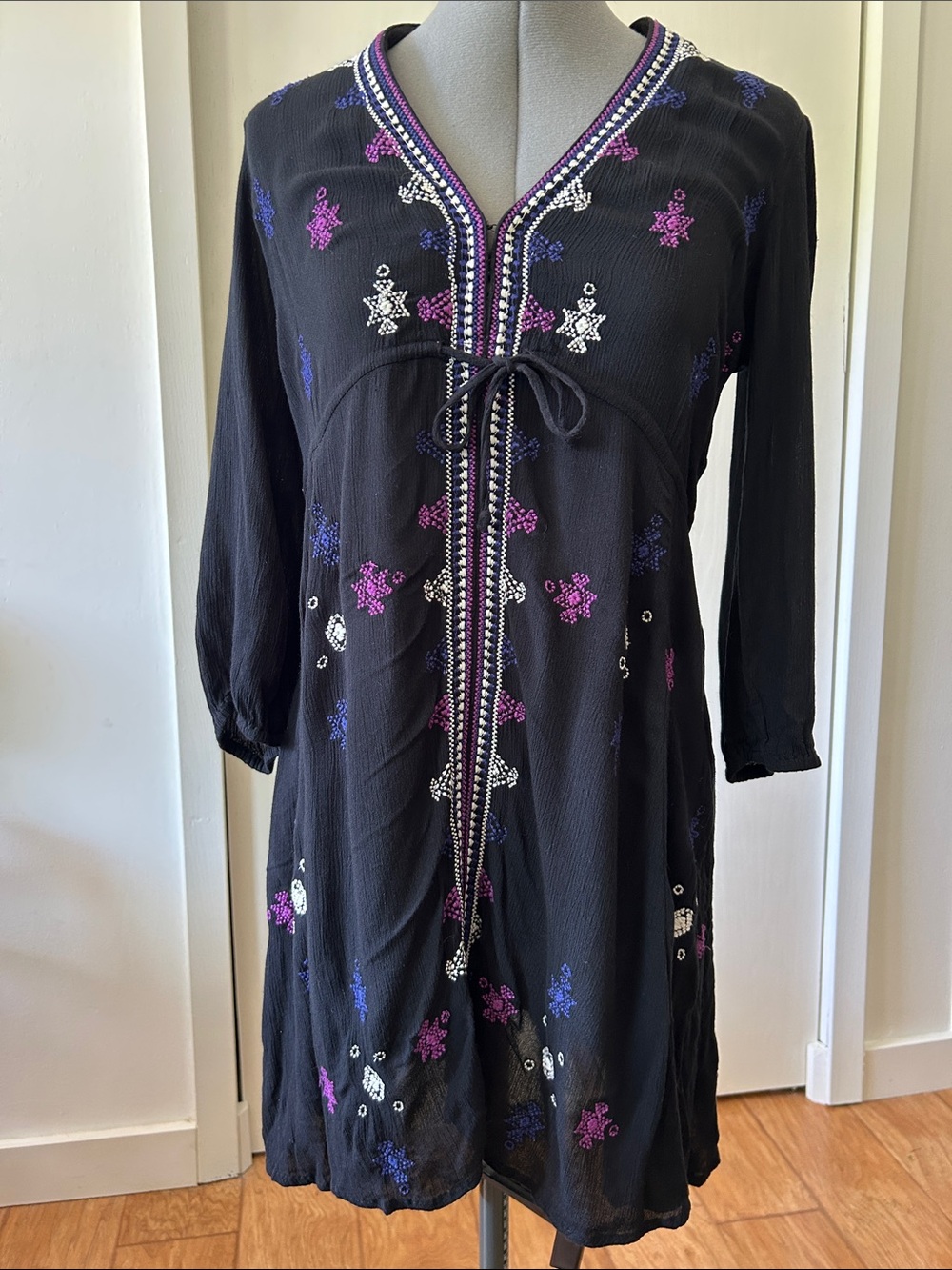 Free People Black Midi Dress with Purple & Blue Embroidery XS